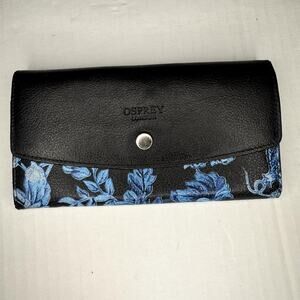 Women's Osprey Black Blue Floral Print Leather‎ Snap Closure Clutch Wallet sz OS